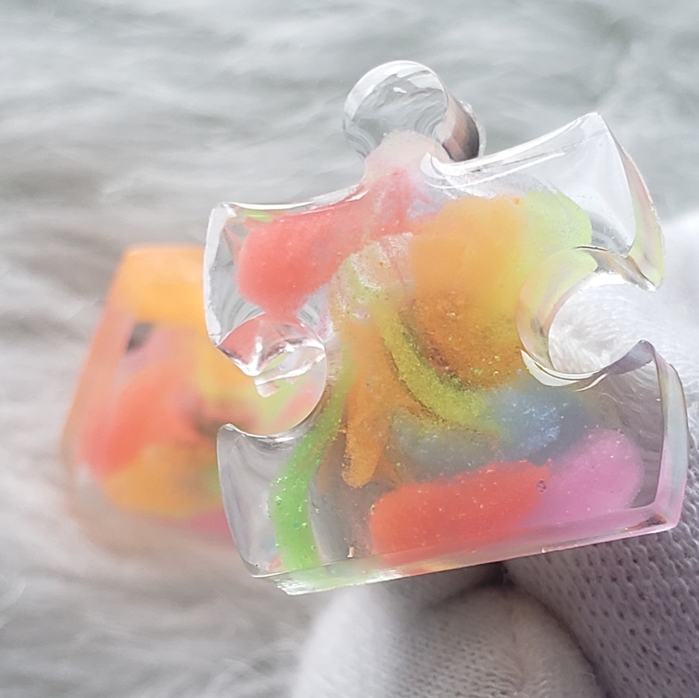 Handmade Rainbow Clear Puzzle Pieces Stud Earrings - Reacts to UV Light - Picture 3 of 7
